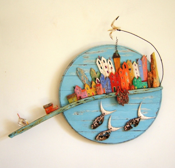 Tony Britnell - Town, three fish and bird panel