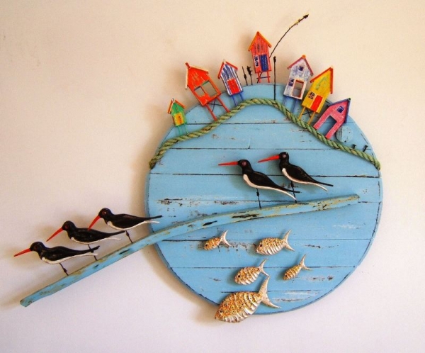 Tony Britnell - Five oyster catchers, fish and beach huts