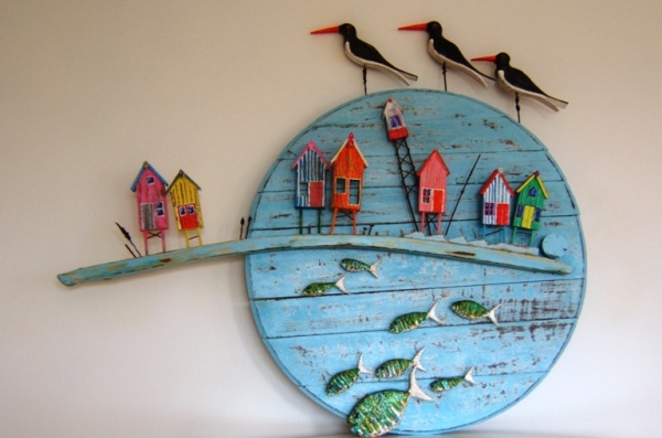 Tony Britnell - Round panel, three oyster catchers, beach huts and fish