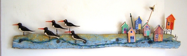 Tony Britnell - Long panel five oyster catchers and beach huts